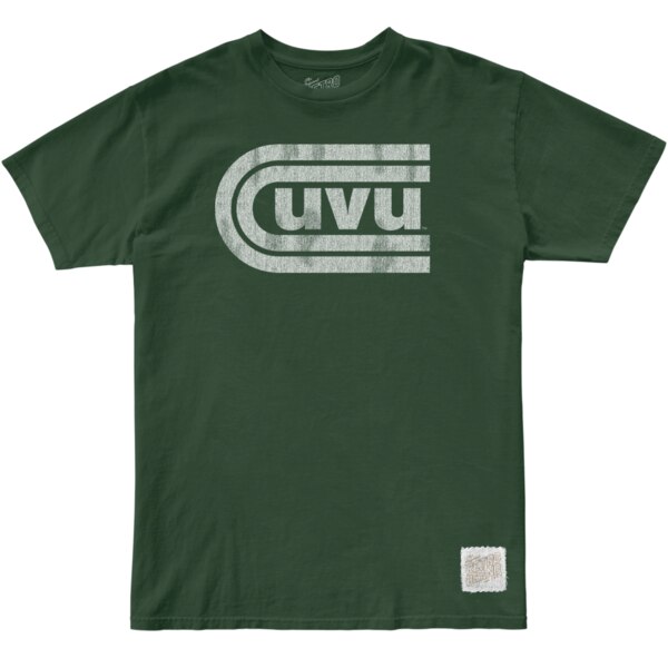 green tee with a distressed UVU inside double C shaped lines